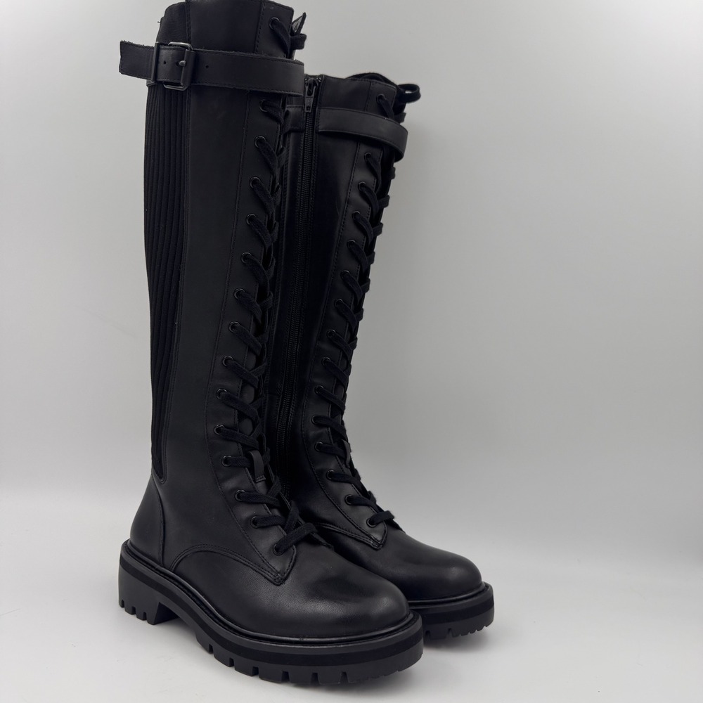 Antonio Melani Leather Tall Combat Goth Biker Boots Chunky Lug Sole Lace Sz 5.5M